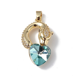 Pale Turquoise Real 18K Gold Plated Rack Plating Brass Micro Pave Clear Cubic Zirconia Pendants, with Glass, Long-Lasting Plated, Cadmium Free & Lead Free, Leopard with Heart Charm, Pale Turquoise, 28.5x17.5x8mm, Hole: 5x3.2mm