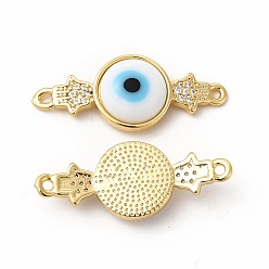 White Rack Plating Real 18K Gold Plated Brass Micro Pave Clear Cubic Zirconia Connector Charms, Hamsa Hand and Evil Eye Links, with Handmade Lampwork, Cadmium Free & Lead Free, Long-Lasting, White, 29.5x12x5mm, Hole: 1.4mm