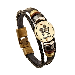 Verseau Bracelets multibrins cordon cuir de vachette tressé, bracelet constellation pour homme, avec perle en bois et fermoir en alliage, Verseau, 7-7/8~8-1/2 pouce (20~21.5 cm)