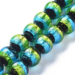 Green Handmade Silver Foil Lampwork Beads, Luminous, Glow in the Dark, Round, Green, 12mm, Hole: 1.4mm