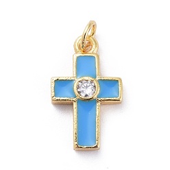 Sky Blue Cubic Zirconia Tiny Cross Charms, with Brass Findings and Enamel, Golden, Sky Blue, 15x9x2.5mm, Hole: 1.8mm