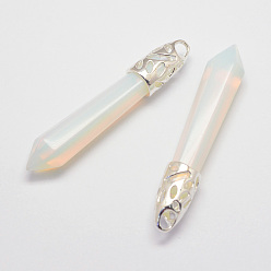 Opalite Opalite gros pendentifs pointus, avec les accessoires en alliage, balle, platine, 57~63x13x10mm, Trou: 3x4mm