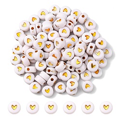 White Plating Acrylic Beads, Metal Enlaced, Flat Round with Heart, White, 6.5~7x3.7mm, Hole: 1.8mm