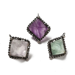 Fluorite Natural Fluorite Pendants, Rhombus Charms, with Antique Silver Tone Brass Chain and Stannum, Lead Free & Cadmium Free, 34~36x27~29x20~26mm, Hole: 3.2mm