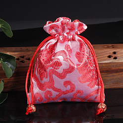 Cerise Chinese Style Flower Pattern Satin Jewelry Packing Pouches, Drawstring Gift Bags, Rectangle, Cerise, 14x11cm