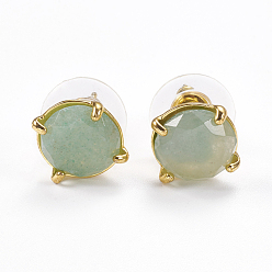 Green Aventurine Natural Green Aventurine Stud Earrings, with Golden Tone Brass Findings, Faceted Flat Round, 11mm, Pin: 0.8mm