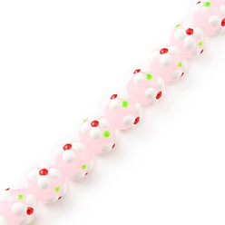 Pink Handmade Lampwork Beads Strands, with Enamel, Round with Flower, Pink, 11x9.5mm, Hole: 1.4mm, about 36pcs/strand, 13.58''(34.5cm)