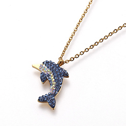 Golden 304 Stainless Steel Enamel Pendant Necklaces, with Rhinestone and Cable Chains, Dolphin, Golden, 17.9 inch(45.4cm), Pendant: 22x16.5x3mm