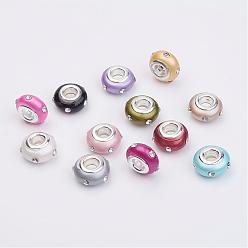 Mixed Color Resin European Beads, with Brass Core and Rhinestones, Rondelle, Large Hole Beads, Platinum, Mixed Color, 14x8mm, Hole: 4.5mm