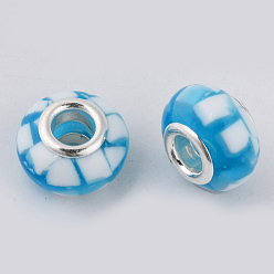 Deep Sky Blue Resin European Beads, Large Hole Beads, with Platinum Tone Brass Double Cores, Rondelle, Deep Sky Blue, 14x9mm, Hole: 5mm