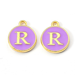 Letter R Golden Plated Alloy Enamel Charms, Enamelled Sequins, Flat Round with Letter, Medium Purple, Letter.R, 14x12x2mm, Hole: 1.5mm