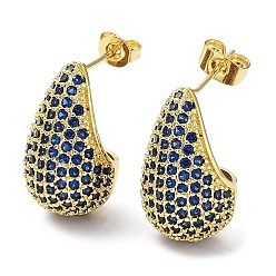 Dark Blue Cubic Zirconia Teardrop Stud Earrings, Real 16K Gold Plated Brass Earrings for Woman, Dark Blue, 20x12mm