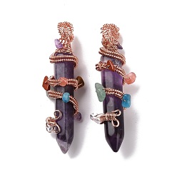 Amethyst Natural Amethyst Pointed Big Pendants, with Rose Gold Plated Rack Plating Brass Findings and Mixed Stone Chip Beads, Cadmium Free & Lead Free, Faceted, Bullet Charm, 64~68x16~17x16~17mm, Hole: 7.5mm