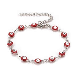 Red Enamel Oval with Evil Eye Link Chains Bracelet, 304 Stainless Steel Jewelry for Women, Stainless Steel Color, Red, 6-1/2 inch(16.5cm)