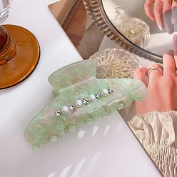 Light Green Cellulose Acetate(Resin) Claw Hair Clip, Rhinestones Pearl Style for Women Girls, Light Green, 94x42x41mm