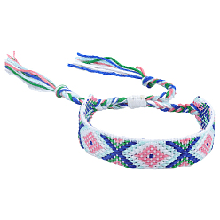 Azure Polyester-cotton Braided Rhombus Pattern Cord Bracelet, Ethnic Tribal Adjustable Brazilian Bracelet for Women, Azure, 5-7/8~11 inch(15~28cm)