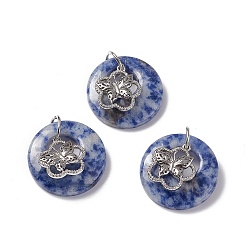 Blue Spot Jasper Natural Blue Spot Jasper Pendants, Flat Round Charms, with Platinum Tone Brass Flower with Butterfly Findings, Cadmium Free & Nickel Free & Lead Free, 30~35x28~32x10~10.5mm, Hole: 2mm