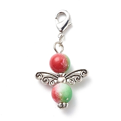 Antique Silver Two-Tone Spray Painted Resin Round Beaded Pendant Decorations, Angel Clip-on Charms, with Brass Lobster Claw Clasps and Alloy Wing Charms, Antique Silver, 41mm