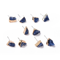 Medium Blue Natural Dyed Druzy Quartz Stud Earrings, with Brass Findings, Nuggets, Golden, Medium Blue, 3~13x3~13x4~9mm, Pin: 0.7mm