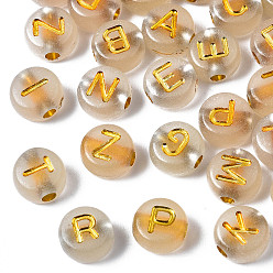 Golden Plated Luminous Acrylic Beads, Glow in the Dark, Metal Enlaced, Horizontal Hole, Flat Round with  Mixed Letter, Golden Plated, 7x3.5mm, Hole: 1.2mm, about 3600pcs/500g
