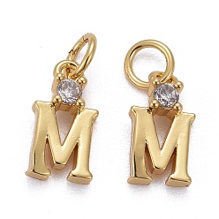 Letter M Brass Micro Pave Clear Cubic Zirconia Pendants, with Jump Rings, Real 18K Gold Plated, Long-Lasting Plated, Letter, Letter.M, 10x5x2mm