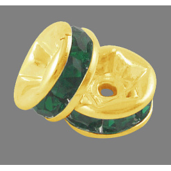 Emerald Brass Grade A Rhinestone Spacer Beads, Golden Plated, Rondelle, Nickel Free, Emerald, 6x3mm, Hole: 1mm