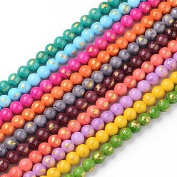 Mixed Color Natural Jade Beads Strands, with Gold Foil, Dyed, Round, Mixed Color, 12mm, Hole: 1mm, about 33pcs/strand, 15.75 inch(40cm).