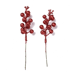 Red Plastic Imitation Fruit Stem Accessories, with Iron and Foam Finding, Glitter Powder, for DIY Christmas Tree, Wreath, Party Decoration, Red, 180x49x35mm