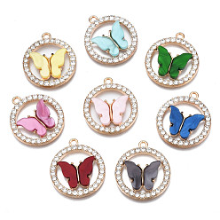 Mixed Color Alloy Rhinestone Pendants, with Acrylic, Cadmium Free & Lead Free, Ring with Butterfly, Light Gold, Mixed Color, 24.5x22x3.5mm, Hole: 1.6mm