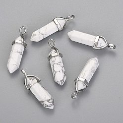 Howlite Natural Howlite Double Terminated Pointed Pendants, with Random Alloy Pendant Hexagon Bead Cap Bails, Bullet, Platinum, 36~45x12mm, Hole: 3x5mm, Gemstone: 10mm in diameter