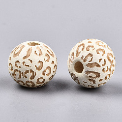 Light Yellow Painted Natural Wood Beads, Laser Engraved Pattern, Round with Leopard Print, Light Yellow, 10x8.5mm, Hole: 2.5mm