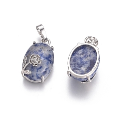 Punto Piedra Azul Colgantes de jaspe azul natural, con fornituras de latón de tono platino, ovalada con flores, 22x13.8x10.3 mm, agujero: 6x3.5 mm
