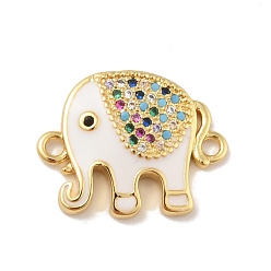 Real 18K Gold Plated Brass Micro Pave Colorful Cubic Zirconia Connector Charms, with White Enamel, Cadmium Free & Lead Free, Long-Lasting Plated, Elephant, Real 18K Gold Plated, 15x19x3mm, Hole: 1.6mm