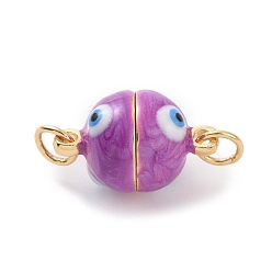 Medium Orchid Brass Magnetic Clasps, with Enamel, Round with Evil Eye, Real 18K Gold Plated, Medium Orchid, 16x10mm, Hole: 3mm
