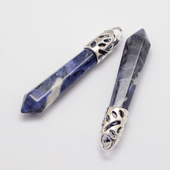 Sodalite Natural Sodalite Big Pointed Pendants, with Alloy Findings, Bullet, Platinum, 57~63x13x10mm, Hole: 3x4mm