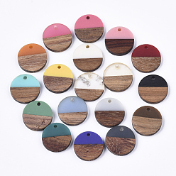 Mixed Color Resin & Walnut Wood Pendants, Waxed, with Foil, Flat Round, Mixed Color, 18x3.5mm, Hole: 1.5mm