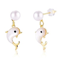 Golden Natural Pearl with White Shell Dolphin Dangle Stud Earring, Brass Jewelry for Women, Golden, 24.5x10mm, Pin: 0.8mm