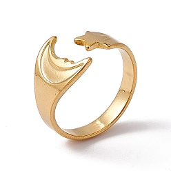 Real 18K Gold Plated Ion Plating(IP) 304 Stainless Steel Moon & Star Open Cuff Ring for Women, Real 18K Gold Plated, US Size 6(16.5mm)
