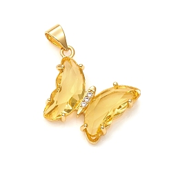 Gold Glass Pendants, with Brass Clear Micro Pave Cubic Zirconia, Butterfly, Golden, Gold, 24x21x4mm, Hole: 5.5x3.5mm