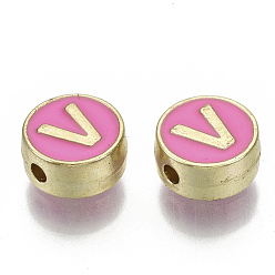 Letter V Alloy Enamel Beads, Cadmium Free & Nickel Free & Lead Free, Flat Round with Initial Letters, Light Gold, Letter.V, 8x4mm, Hole: 1.5mm