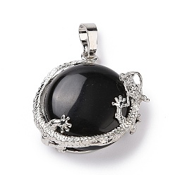 Black Agate Natural Black Agate Pendant, with Brass Finding, Half Round with Dragon, Platinum, 28~33x25~28x15~16mm, Hole: 5x8mm