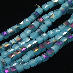 Sky Blue Electroplate Glass Beads Strands, Half Plated, Imitation Jade, Faceted Flat Round, Sky Blue, 6x4mm