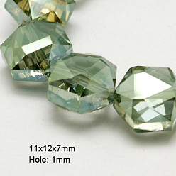 Olive Drab Electroplate Glass Beads, Half Plated, Faceted, Hexagon, Olive Drab, 11x12x7mm, Hole: 1mm