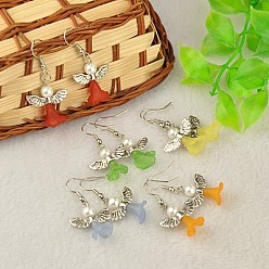 Mixed Color Lovely Wedding Dress Angel Dangle Earrings, with Tibetan Style Beads, Glass Pearl Beads, Transparent Acrylic Beads and Brass Earring Hooks, Mixed Color, 40mm