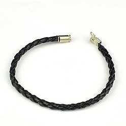 Negro Cordón de cuero toma de pulsera trenzada pu, con las puntas del cable de hierro, agradable para la fabricación de joyas bricolaje, negro, 165x3 mm