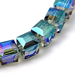 Medium Turquoise Electorplated Glass Beads, Rainbow Plated, Faceted, Cube, Medium Turquoise, 9x9x9mm, Hole: 1mm