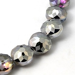 Light Grey Electorplated Glass Beads, Rainbow Plated, Faceted, Flat Round, Light Grey, 14x9mm, Hole: 1mm