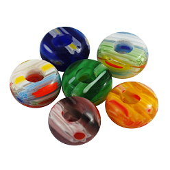 Coloré Main millefiori perles au chalumeau européennes, pas de noyau métallique, Perles avec un grand trou   , rondelle, couleur mixte, taille: environ 14mm de diamètre, épaisseur de 7mm, Trou: 5mm