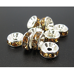 Coffee Brass Rhinestone Spacer Beads, Grade A, Silver Color Plated, Rondelle, Coffee, Size: about 8mm in diameter, 3.5mm thick, hole: 2mm