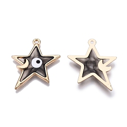 Black Alloy Enamel Pendants, Golden, Star with Moon and Evil Eye, Black, 28.5x24x2mm, Hole: 1.5mm